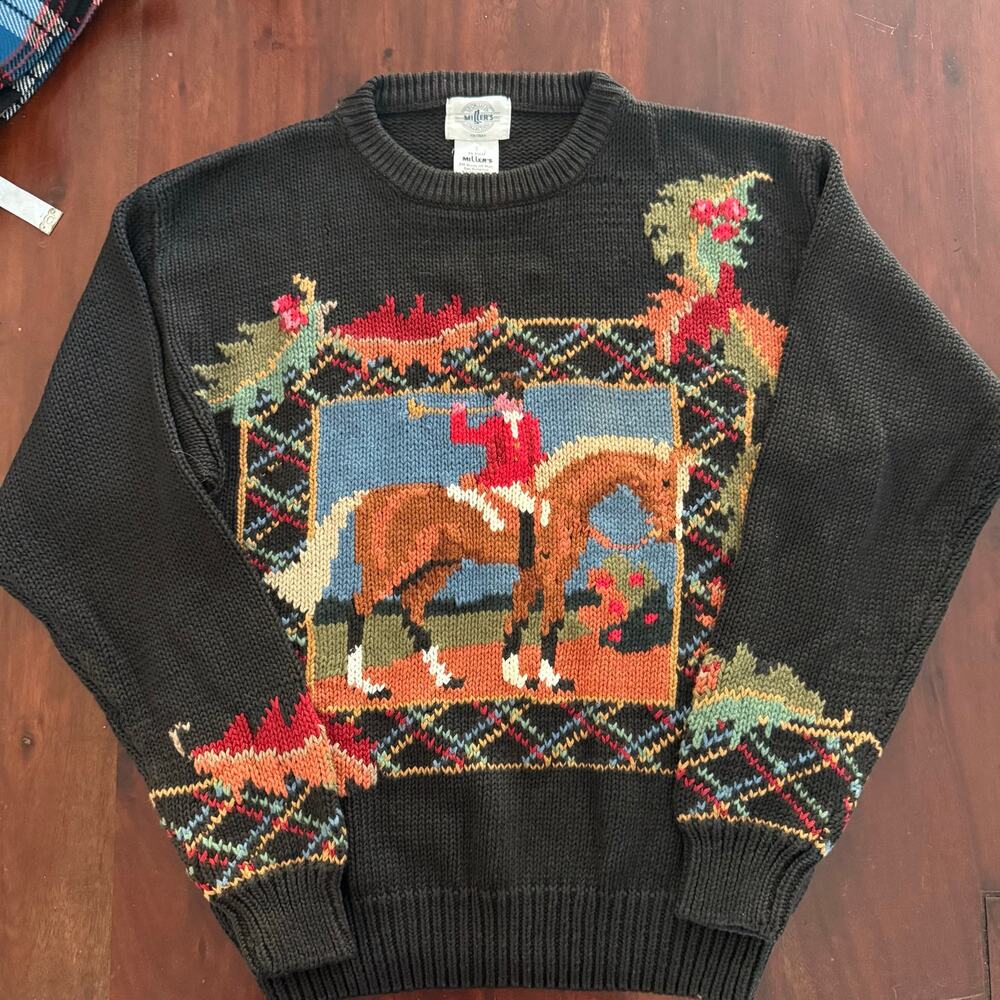 Vintage Millers Sweater Womens Small Black Horse Equestrian Knit Pullover Top